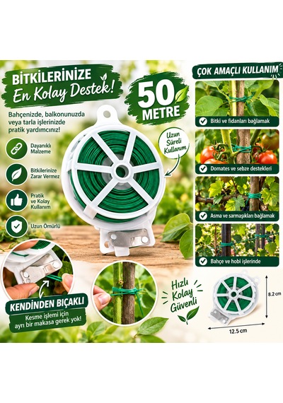 50 Metre Kendiliğinden Kesici Bıçaklı Bitki Saksı Kablo Sabitleme Teli 1 Adet Çok Amaçlı Sabitleme Teli Pratik Sera Malzemeleri