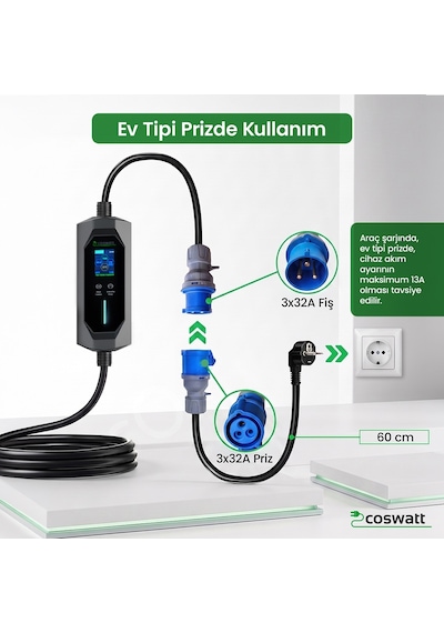 7 KW 32A Türkçe Menü 10 M Elektrikli Araç Şarj İstasyonu Taşınabilir