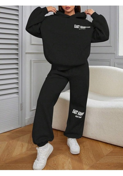 Siyah East Hampton Baskılı Kapüşonlu Sweatshirt Ve Eşofman Altı Eşofman Takımı Siyah Siyah East Hampton Baskılı Kapüşonlu Sweatshirt Ve Eşofman Altı Eşofman Takımı Siyah