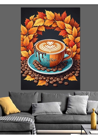 Ahşap Tablo Güz Yaprakları Ve Latte Sanatlı Fincan Kahve