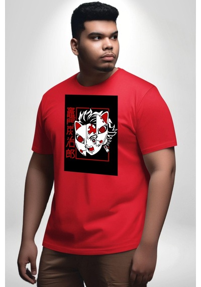 Angemiel Anime İblis Avcısı Kimetsu No Yaiba Maske Kırmızı Büyük Beden Erkek Kadın Unisex Basic Ön Baskılı Tişört Kırmızı