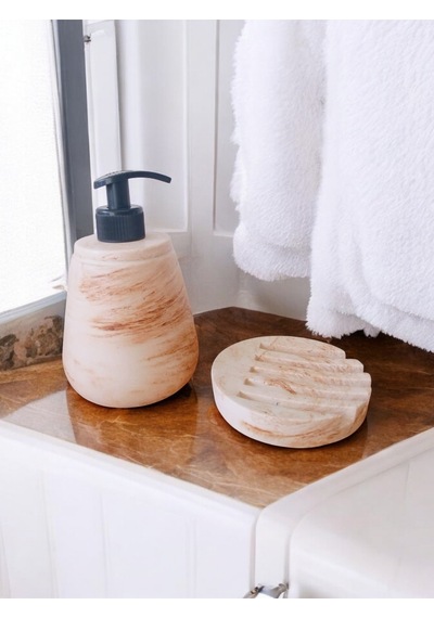 Marble Bej Serisi Sıvı Ve Katı Sabunluk Seti Gri