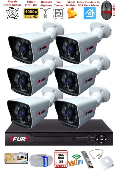 Fury 6 Kameralı 2mp Full Hd Görüntü 6 Atom Led Gece Görüşlü Dış Mekan Güvenlik Kamerası Seti 500gb 62066920