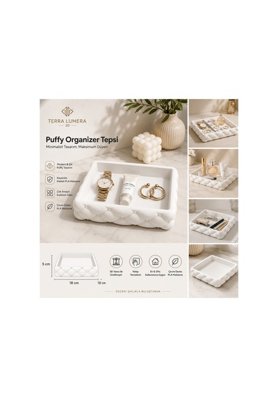 Puffy Organizer Dekoratif Düzenleyici Tepsi 18x18 Cm Beyaz Beyaz