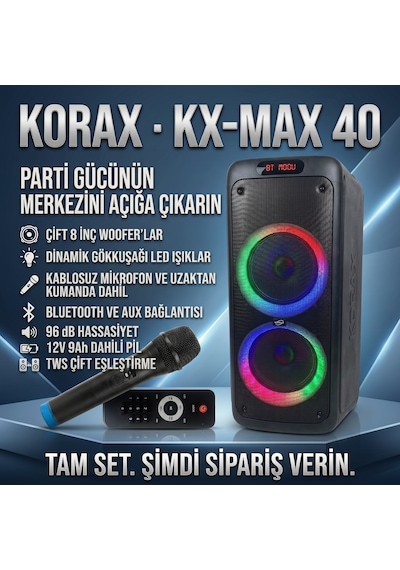 Korax Kx-max 40 450w Akülü Taşınabilir Parti Hoparlörü - Kablosuz Mikrofonlu, Tws, Led Işıklı Karaoke Ses Sistemi