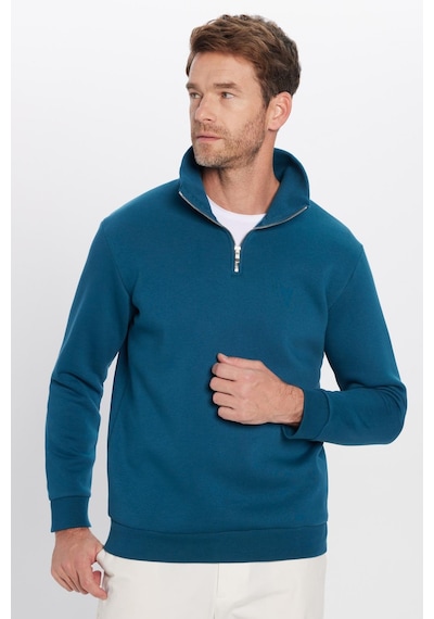 Tudors Unisex Relax Fit Rahat Kesim Pamuklu İçi Polarlı Yarım Fermuarlı İndigo Dik Yaka Sweatshirt-31449 Indıgo İndigo
