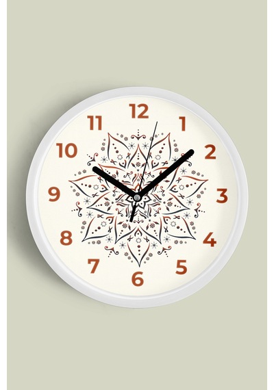 Mandala Tarzı Çiçek Çizimi Modern Duvar Saati - 30cm - Önü Camlı Beyaz Kasa - Sessiz Mekanizma-jh0854 Beyaz