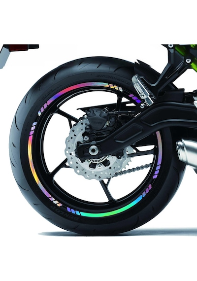 Çınar Extreme Rainbow Gökkuşağı Hologram Efektli 4 Parçalı Kesikli Motosiklet Jant Şeridi Sticker