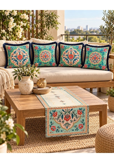 Oriental Bloom Çiçek Desenli Runner + 4 Lü Kırlent Kılıfı Kombin 45 x 45
