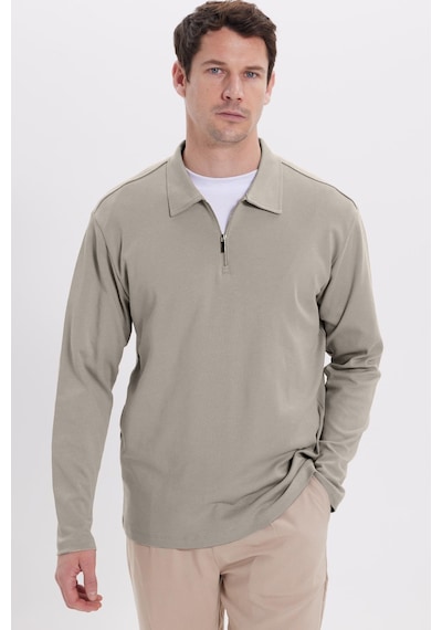 Tudors Erkek Relax Fit Rahat Kesim %100 Pamuk Yarım Fermuarlı Polo Yaka İnterlok Gri Sweatshirt-42174 Gri