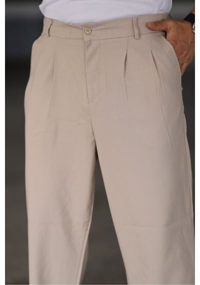 Bürke Baggy Çift Pileli Krem Renk Beli Lastikli Kaliteli Rahat Kesim Klasik Bol Paça Baggy Pantolon