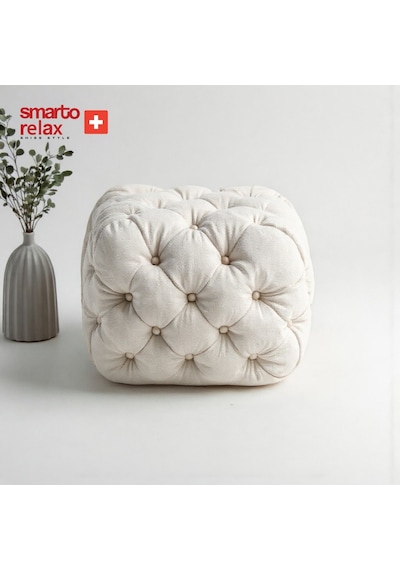 Smarto Relax Swiss Style Puf Zinal Ayaksız Kapitoneli Kare 45x45 Cm Baby Face Dekoratif Kapitoneli Dekoratif Puf Ekru