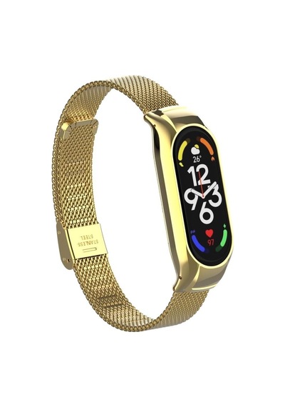 Mi Band 7 İle Uyumlu Hasır Metal Kordon, Kasa Koruma 2 İn 1, Klipsli Tel Örgü Kayış, Altın, Krd-06-mi-band-7-gold