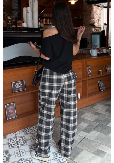 Madmext Füme Ekose Desenli Balon Fit Kadın Pantolon Mg2686 Füme/