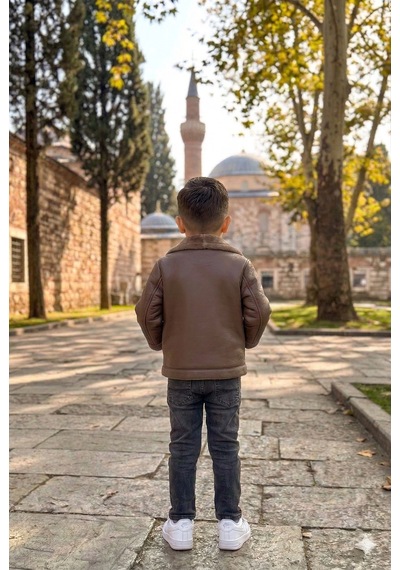 Erkek Çocuk Kahverengi Kürklü İçi Yünlü Deri Mont 3 Lü Takım Kahverengi