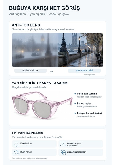 Fotokromik Polarize Uv Korumalı Buğu Önleyici Yan Siperlikli Güneş Gözlüğü Gül Moru Siyah