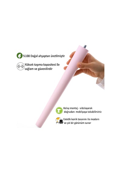 4 Adet Ahşap Ayak 50 Cm Açık Pembe M8 Civatalı Bağlantı Aparatlı Mobilya Tabure Sehpa Masa Destek Ayağı Pembe