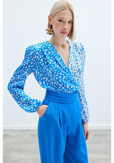 Sateen Kruvaze Desenli Bodysuit - Ekru-lacivert Ekru - Lacivert