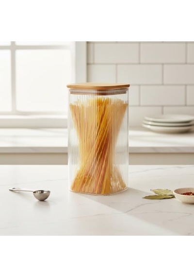 10x20 Cm Bambu Kapaklı Kare Cam Saklama Kavanozu - Vakumlu Ekstra Uzun Boy Şeffaf Erzak Kabı Spagetti Makarna Bakliya Diğer
