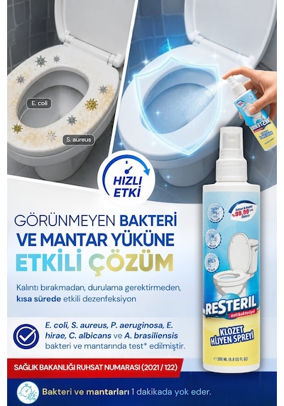 Klozet Temizleyici Hızlı Etkili Dezenfektan Sprey Klozet Kapağı Temizleyici Alkolsüz Hipokloröz Asit Tuvalet Koku Giderici 200 ML