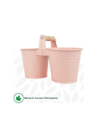 İkili Saksı, Tahta Kulplu İkili Dopel Metal Saksı Ve Çiçeklik - Pembe