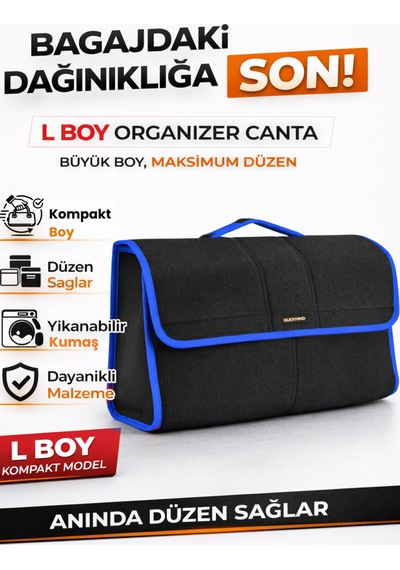 Oto Bagaj Organizer Bagaj Çantası L Boy Kaymaz Cırt Bantlı Velur Kompakt - Siyah Mavi