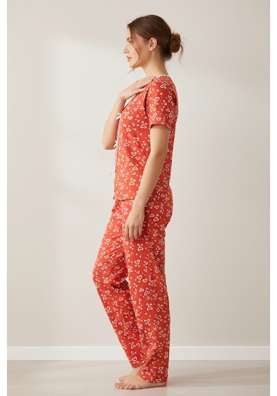Angbutik Kadın Turuncu Desenli Fiyonklu Kısa Kollu Uzun Pijama Takımı