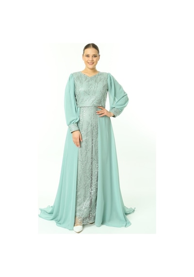 Ladies First Büyük Beden 3704 Küf Yeşili Uzun Abiye Elbise
