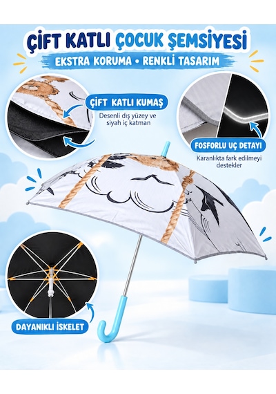 Mubx 6 Telli Fiber Çift Katlı Çocuk Şemsiyesi Rüzgarda Kırılmaz Şemsiye Turkuaz