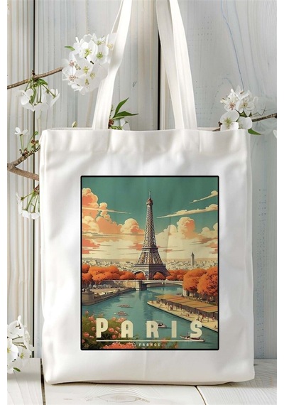 Art Hediye Paris Baskılı Bez Çanta Omuz Çantası Kişiye Özel Desen Çok Renkli