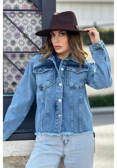 Kadın Açık Mavi Çift Cepli, Eteği Püsküllü, Kaliteli Jeans Kumaş, Rahat Kesim, Kot Ceket Kadın Açık Mavi Çift Cepli, Eteği Püsküllü, Kaliteli Jeans Kumaş, Rahat Kesim, Kot Ceket