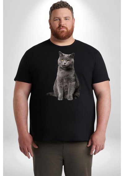 Angemiel British Shorthair Kedi Siyah Büyük Beden Erkek Kadın Unisex Basic Ön Baskılı Tişört Siyah