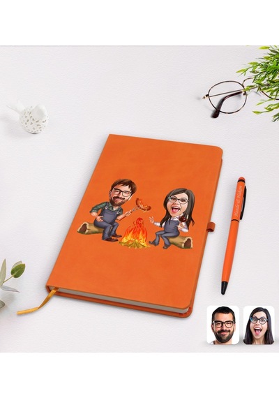 Kişiye Özel Sevgililer Karikatürlü Turuncu Termo Deri Defter Kale N11.2263