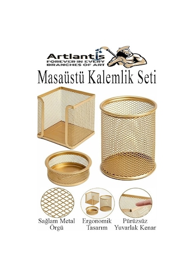 Altın Sarı Metal Evrak Rafı 3 Lü Masaüstü Kalemlik 3 Lü Ve Fileli Çöp Kovası 1 Paket Masaüstü A4 Dosya Düzenleyici Not Altın