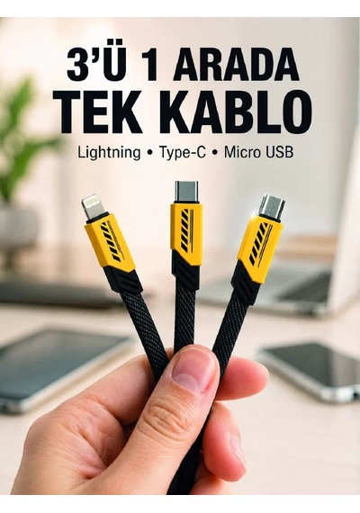 3'lü Şarj Kablosu Hızlı Şarj Destekli Dayanıklı Örgü Usb Kablo Renkli
