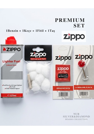 Zippo Premium Tam Bakım Seti Pamuk & Keçe + Benzin + Fitil + Çakmak Taşı Sıyah