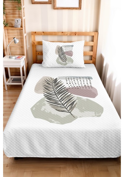 Botanik Yeşil Minimal Tek Kişilik Pike Takımı - Geometrik Antrasit Bej 160x220 Cm Yatak Örtüsü Esintili Kabuğu Demi