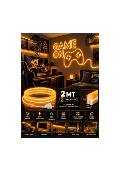 2 Metre Amber Neon Led 220v Tak Çalıştır Ip65 Esnek Hortum Led Ultra Parlak İç Dış Mekan Ultra Esnek Turuncu - 920214632 Turuncu