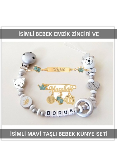 Sahi Aksesuar İsimli Bebek Emzik Zinciri Ve İsimli Bebek Künye Seti Bezyı755 Yeşil