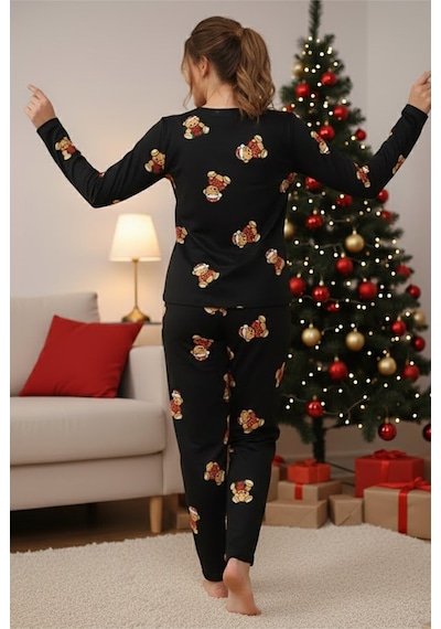 Siyah İnci Yumuşak Dokulu Süet Örme Pijama Takım 7983 Siyah Ayıcık