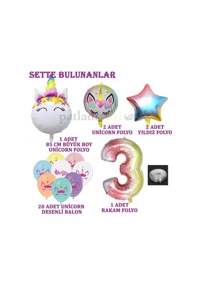 3 Yaş Gökkuşağı Konsepti Unicorn Temalı Doğum Günü Parti Kutlama Seti