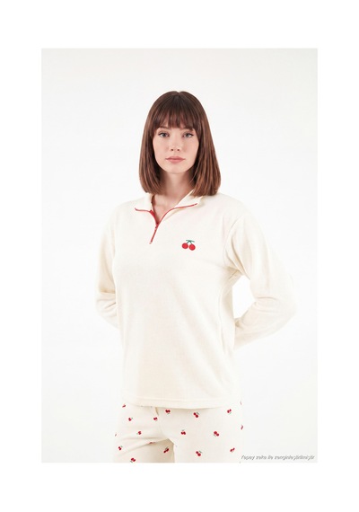 Lela Desenli Yumuşak Dokulu Yarım Fermuarlı Dik Yaka Pijama Takımı Kadın Pijama Takımı 6575017 Krem