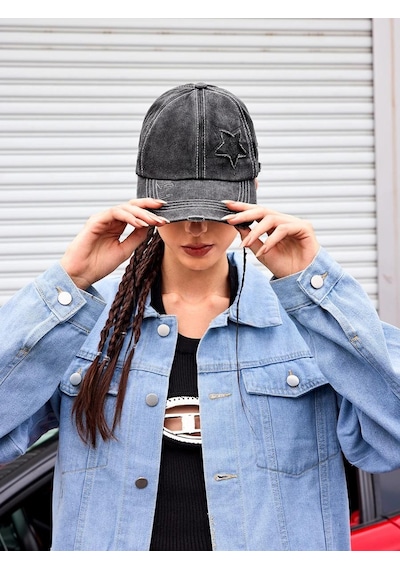 Valkyrie Vintage Siyah Yıldız Nakışlı Şapka Unisex Eskitme Baseball Cap Ayarlananır Pamuk Spor Şapka