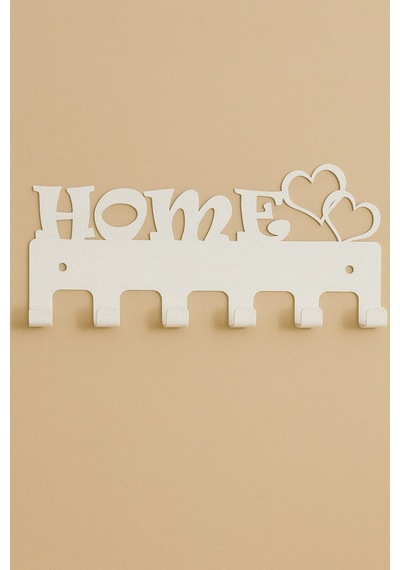 Lunoart Home Yazılı Kalpli Metal Anahtarlık Askısı Duvar Tipi Anahtar Organizer Beyaz
