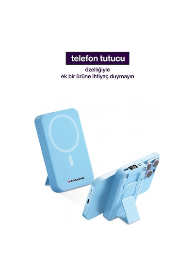 Sprange Sr-p26m 10000mah Magsafe Powerbank 15w Kablosuz, 20w Pd, Lcd Ekranlı, Standlı Mavi Mavi