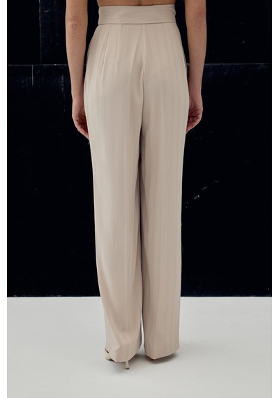 Sateen Anna Çizgili Pantolon - Bej-137091 Bej