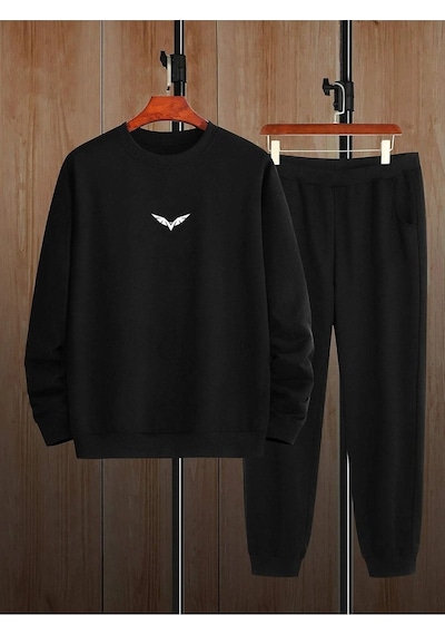 Wings Eşofman Takımı Sweatshirt Jogger - Siyah Baskılı Oversize Şardonlu Bisiklet Yaka Siyah
