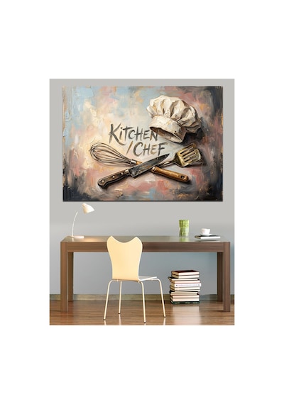 Kitchen Chef Şapkası Ve Bıçaklar Yağlı Boya Dokulu Kanvas Tablo Canvas Tablosu
