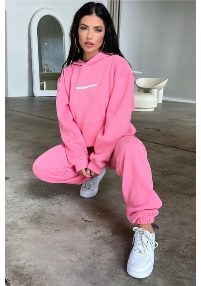 Pembe That So Fetch Eşofman Takımı - Baskılı Oversize Kapüşonlu Şardonlu Pembe
