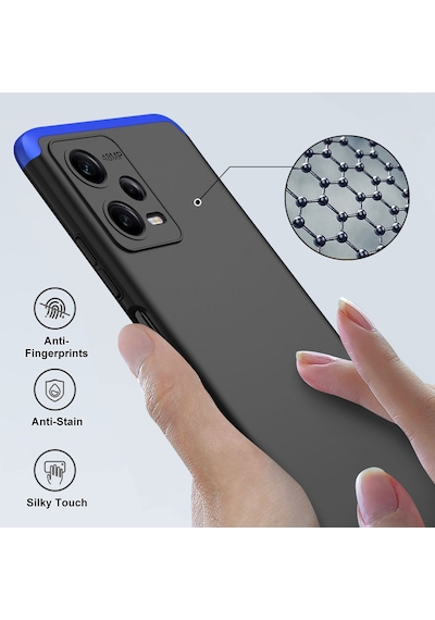 Noktaks - Redmi Note 12 5g Uyumlu Kılıf Parmak İzi Tutmayan Alt Üst Geçmeli 3 Parça Ays Kapak - Siyah - T26498